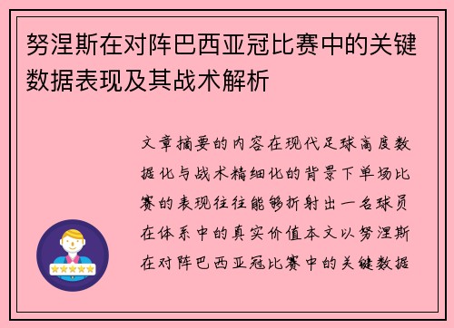 努涅斯在对阵巴西亚冠比赛中的关键数据表现及其战术解析